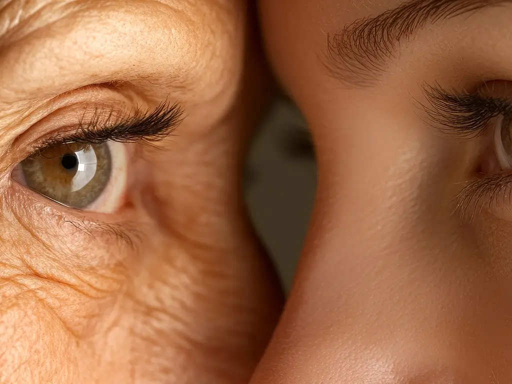 Woman receiving a digital skin analysis while biometric health data and biological age metrics are displayed on a screen.