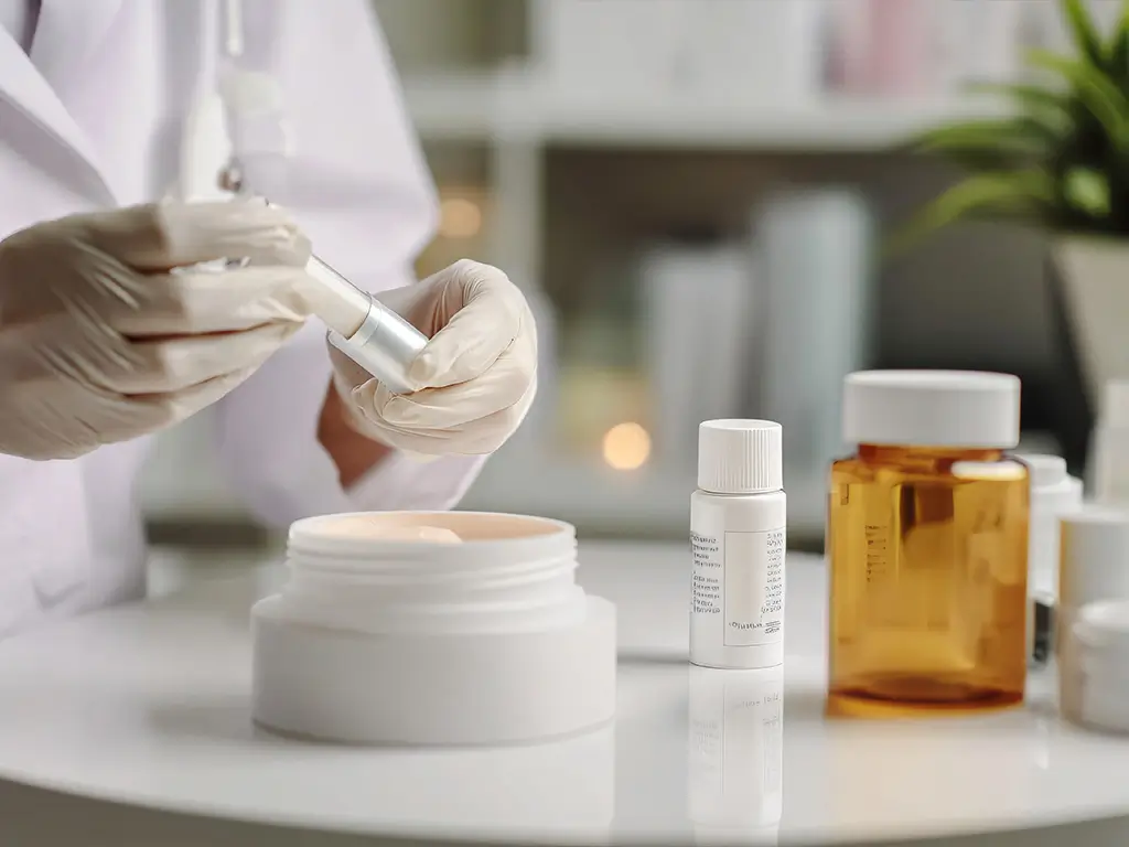 Healthcare professional reviewing diagnostic results with a client while discussing personalized skincare and longevity recommendations.