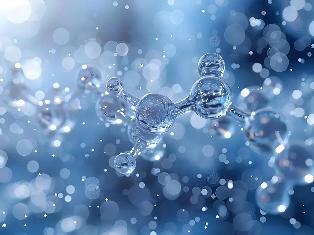 Abstract molecular structure on a blue background representing biotechnology and intellectual property in longevity science